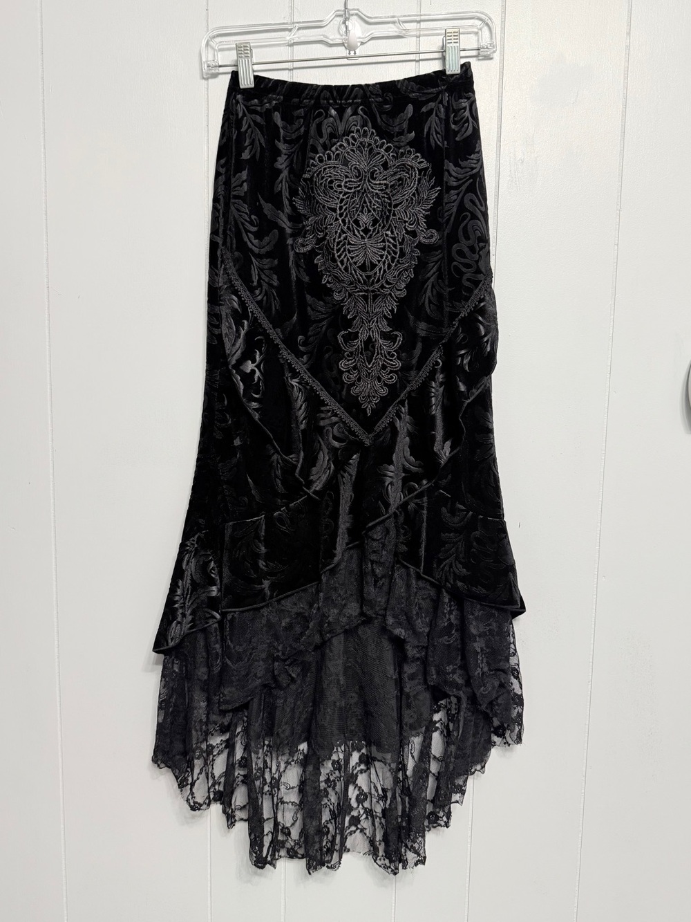 ROMWE Black Velvet Skirt With Lace Trim High Low Skirt
